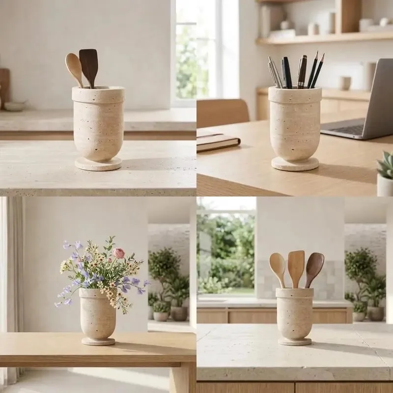 Natural Beige Travertine Stone Tableware Rack Base Holder for Kitchen Dining Organization Display Stand Decorative Storage