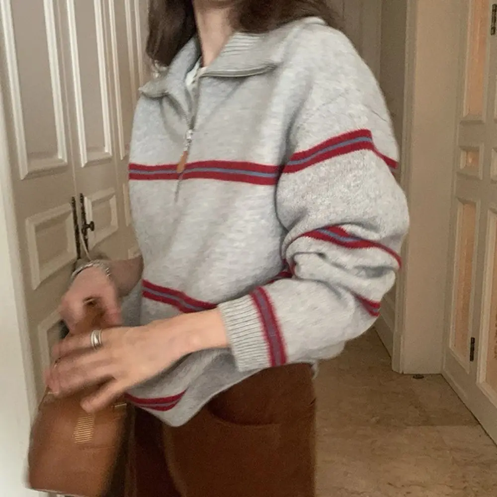 Korean Style Long Sleeve Knit Stripe Hoodie Autumn Casual Crochet Knitwear Sweater Loose Sweet Girl's Pullover Girl