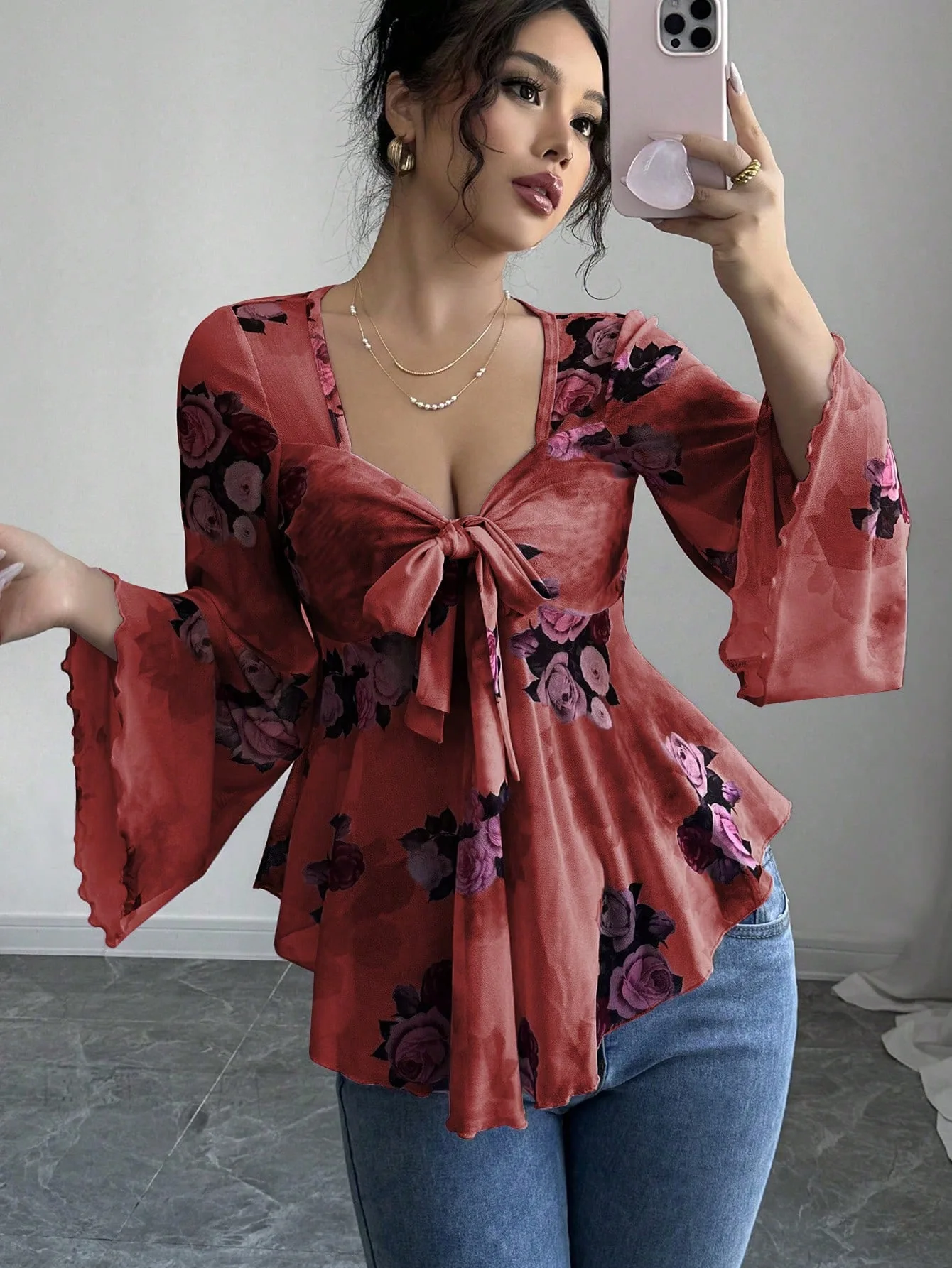 

2026 New Women's Sweet Top Design French Flower Blouses Smudge Strap Square Collar Long Sleeve Shirt