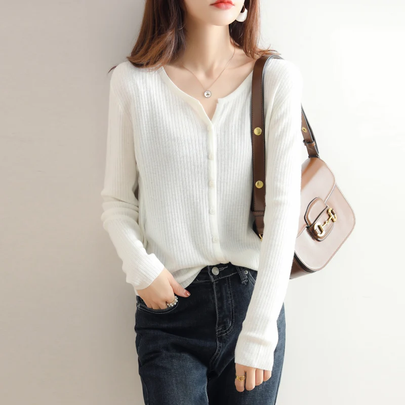 

Worsted Wool Knitted Cardigan for Women in Spring and Autumn, New Net Red V-neck Short Wool Thin Striped Sweater Coat