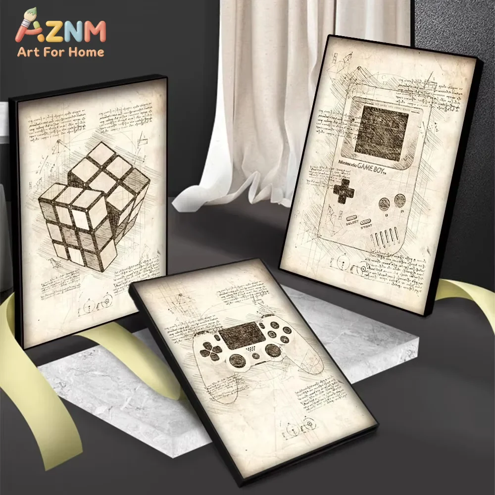 Pop Vintage Sketch Video Game Handle VR Gaming Poster Wall Art Pictures Canvas Painting Gamer Room Home Decor
