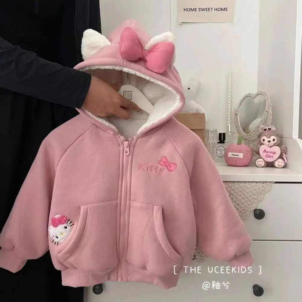 Kawaii Sanrio Hello Kitty Girls Winter Jacket Casual Thick Warm Hooded Coat Plus Velvet Outerwear Overcoat Children's Clothing