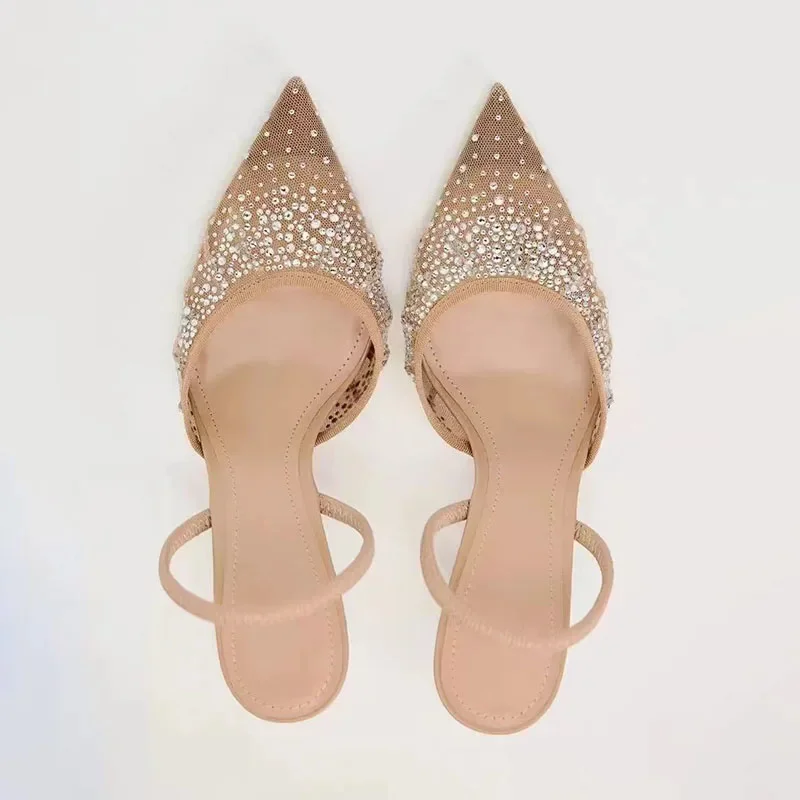 TRAF Mesh Rhinestone High Heels Women Elegant Pointed Stiletto Slingbacks Sandals Fashion Party Pumps Shoes For Woman Office