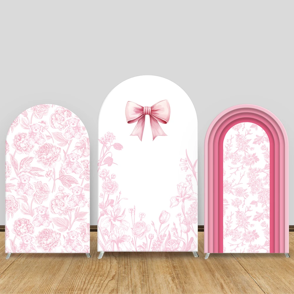 

Pink Theme Arch Backdrop Bow Floral Gradient Stripes Girl Birthday Kids Party Decor Customized Babyshower Photography Background