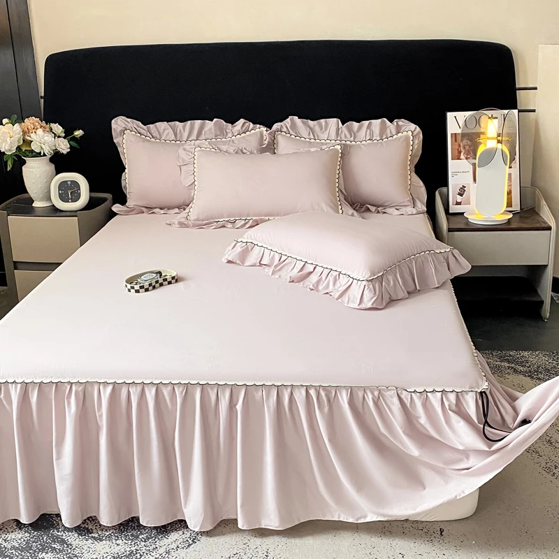 Falda de cama de algodón puro de 1 pieza, cubrecama de color liso con encaje, ropa de cama, tamaño Twin/Queen/King, sin funda de almohada