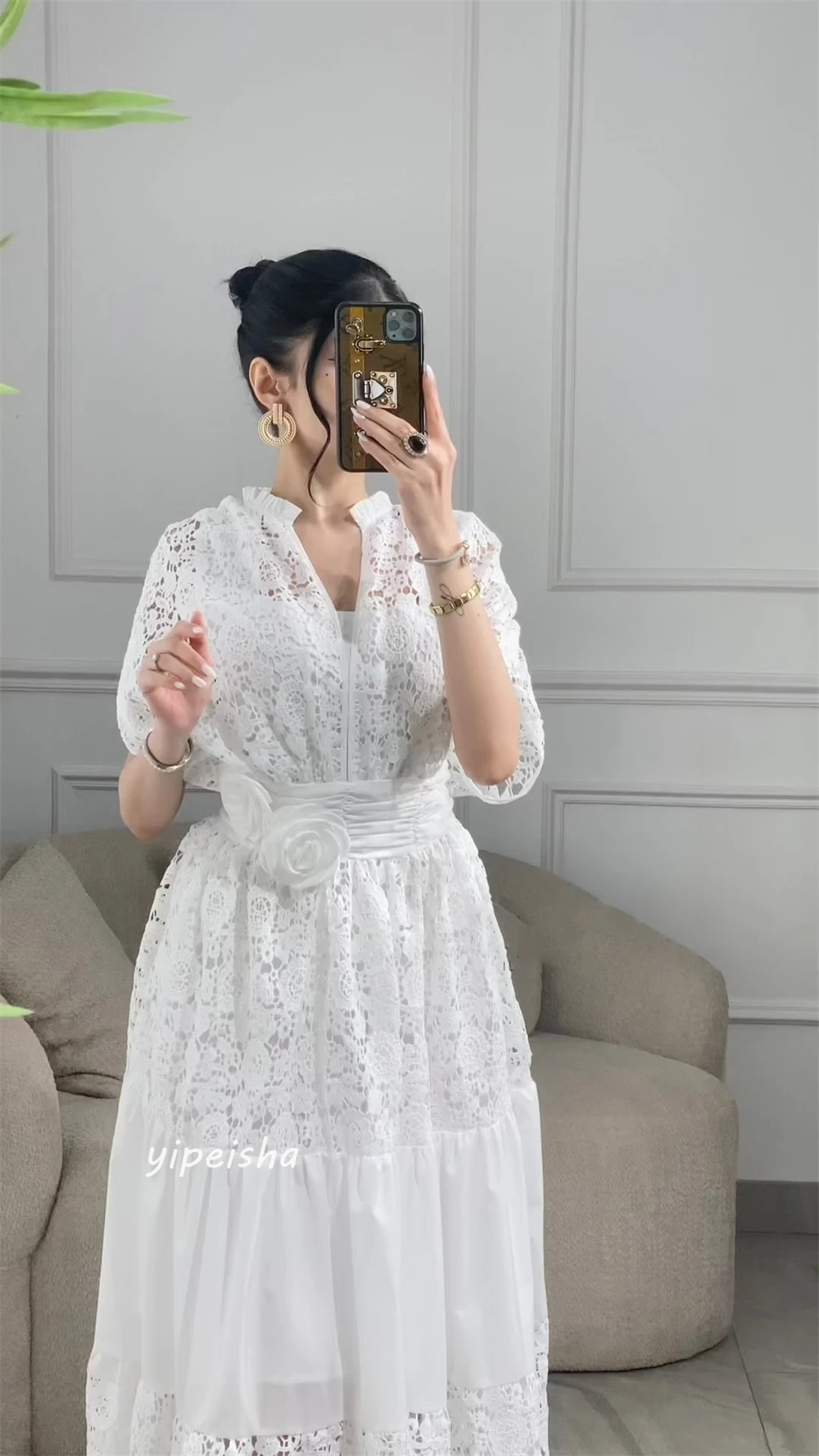 Robe de Rhen dentelle d'Arabie saoudite avec ceintures à fleurs, robes mi-longues pour occasions d'anniversaire, robe trapèze, col en V, sur mesure