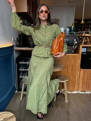 Hollow Ruffles Set With Split Long Skirt Women Causal O Neck Full Sleeve Shirt Suit 2024 Autumn Lady Elegant Green Street Outfit