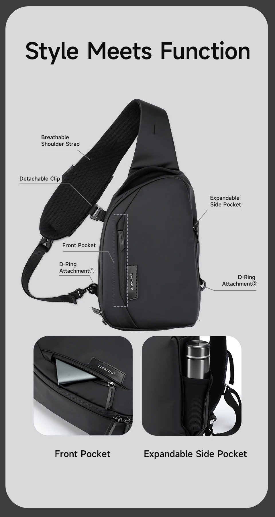 Tigernu Modische Umhängetasche für Herren, Freizeittasche für 11-Zoll-Tablets, wasserabweisende TPU-Brusttasche für Herren, Outdoor-Fahrradtasche, Seitentasche – Detail 2