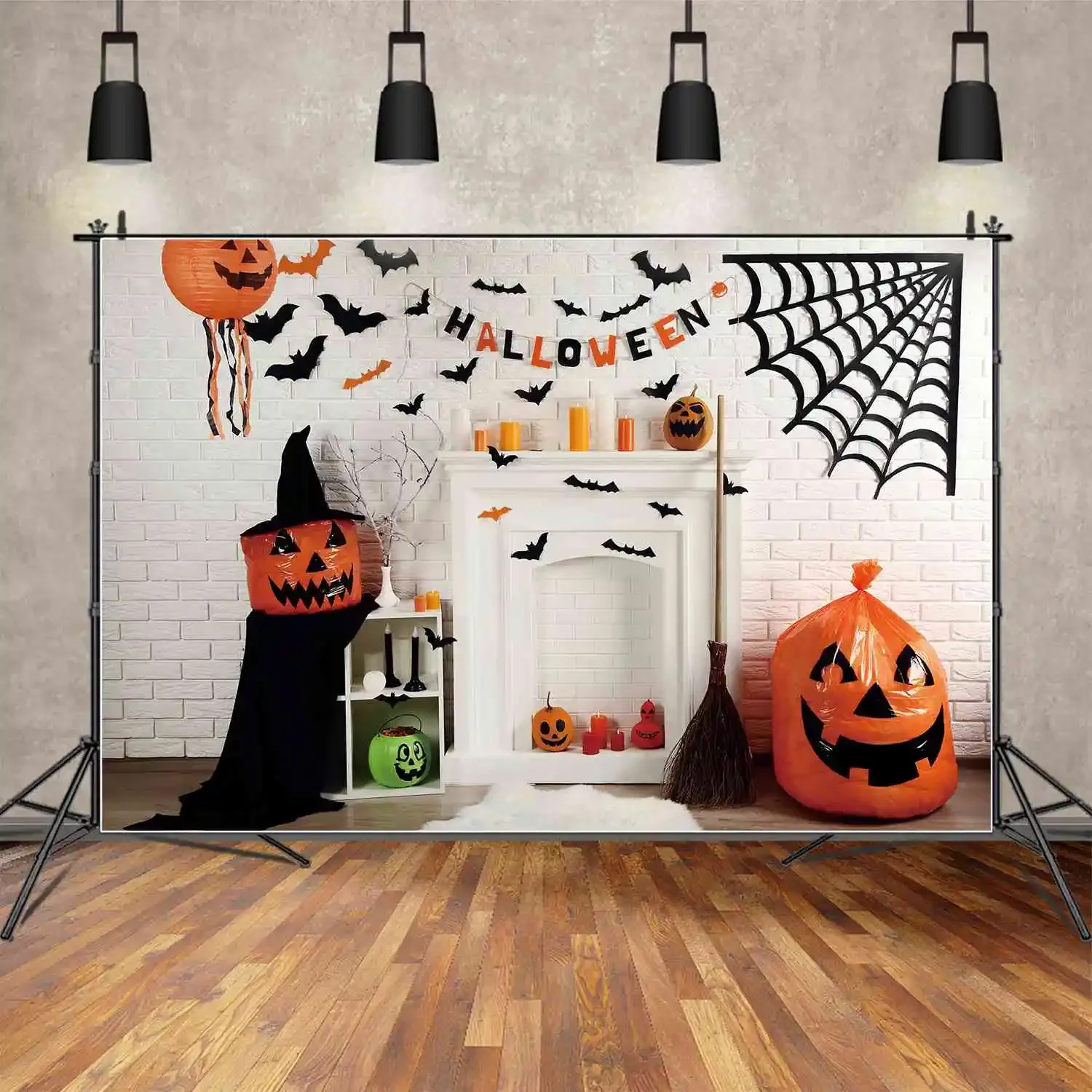 MOON.QG Halloween Fireplace Living Room Backdrop Skeleton Pumpkin Jack O'Lantern Skull Photo Background 2024 Photography Props