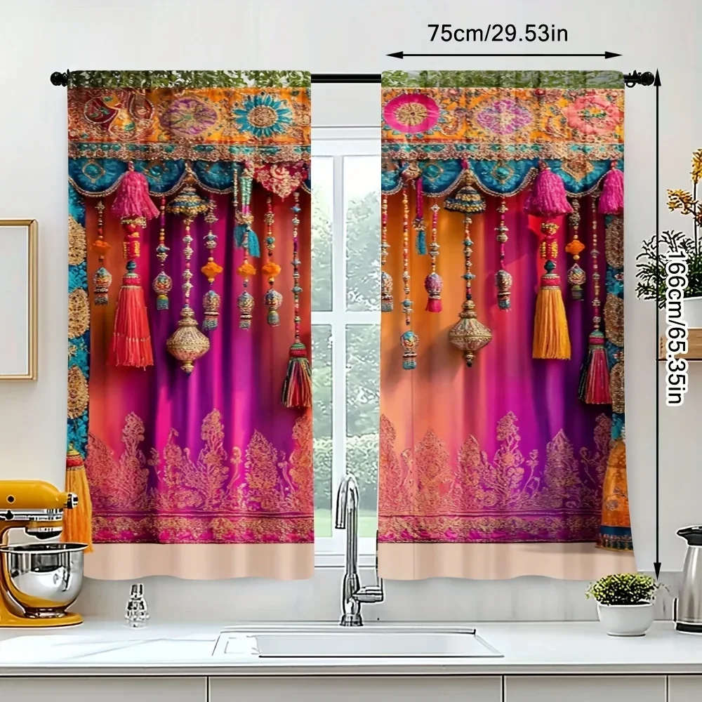 2 pieces of Ethnic-style false tassels printed curtains, 30*65, bedroom and living room, home decoration, room decoration