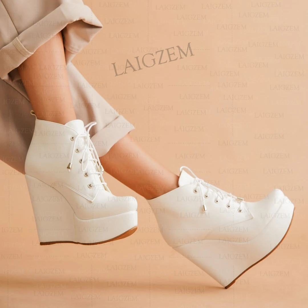 DOHBANER Ankle Boots Faux Leather Round Toe Wedges Lace Up Short Booties Ladies Handmade Shoes Woman Big Size 39 41 43 45 48