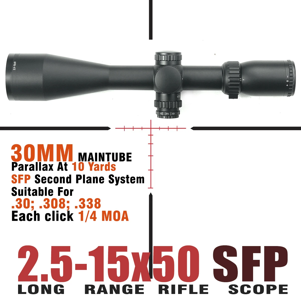 Long Range Optics Scope, 2.5-15x50, SFP- Second Focal Plane, Hunting Mil Riflescope 30mm