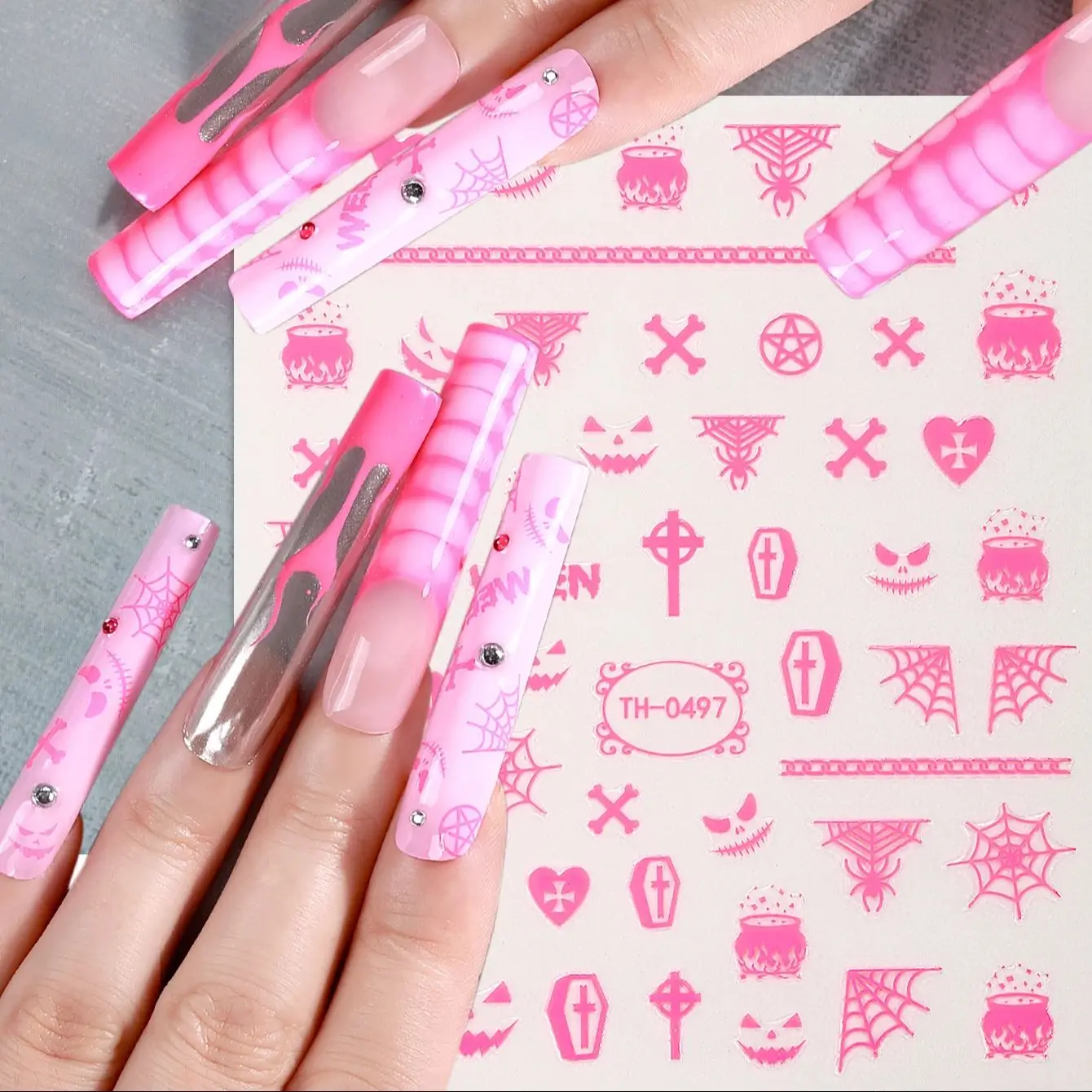 4 stücke schwarz rosa lila Halloween Nail Art Aufkleber Spinnennetz Knochen Ghost Cross Design selbst klebende Nagel abziehbilder für Maniküre Dekor