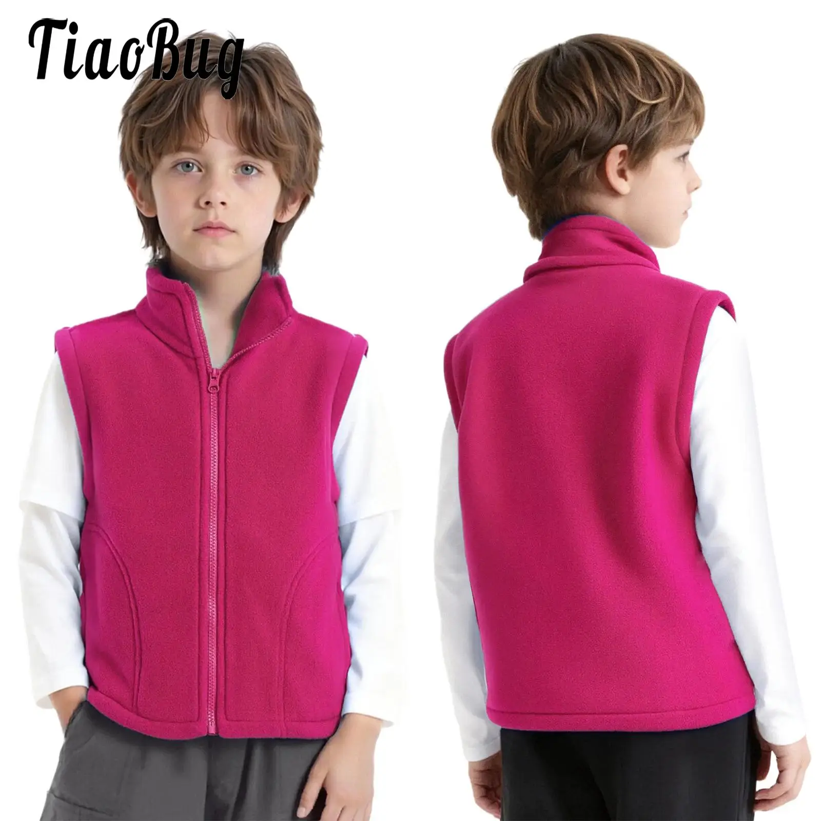 

Kids Girls Boys Warm Fleece Vest Waistcoat Winter Spring Solid Color Outerwear Stand Collar Sleeveless Zip-Up Pockets Jacket
