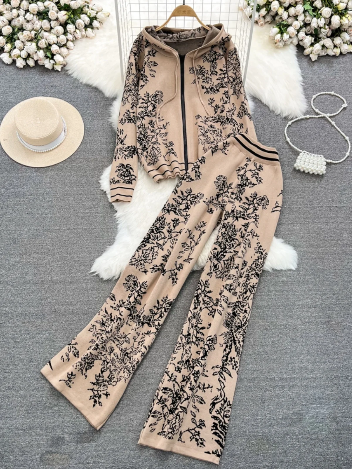 Women Vintage Fashion Print Knit Casual Loose Suits Autumn Winter Zipper Hoodie High Waist Wide Leg Pants Two Piece Sets