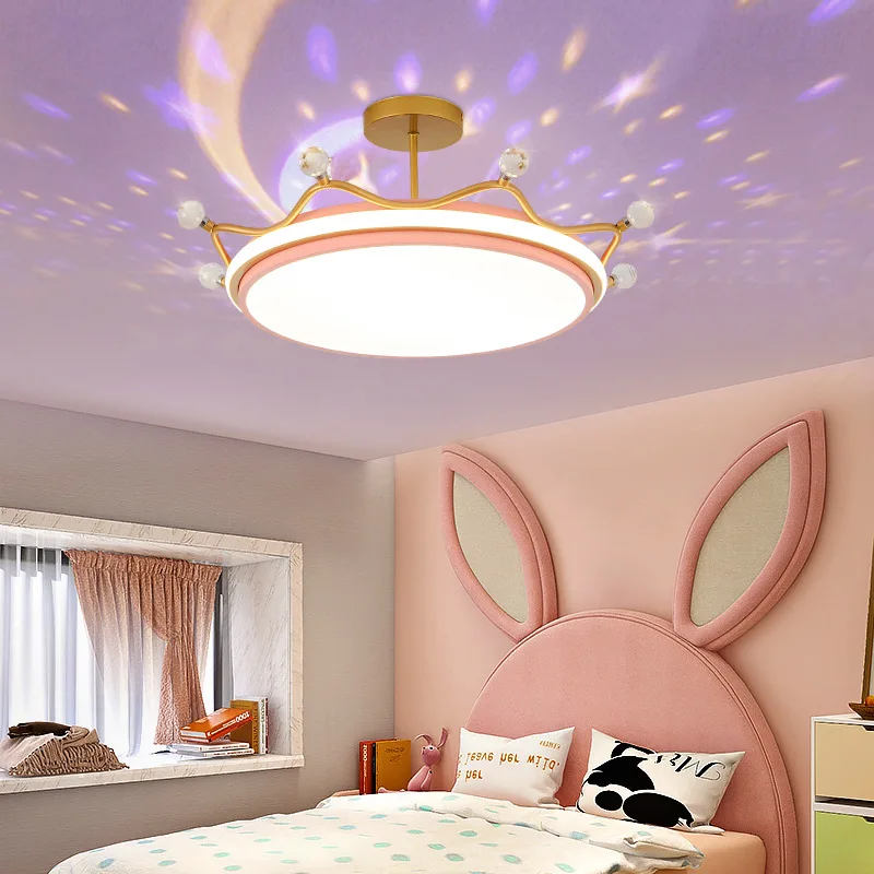 New Princess Style LED Ceiling Light with Crown and Starry Sky Design for Children Boys Girl's Room Decoration Dimmable  Lustres