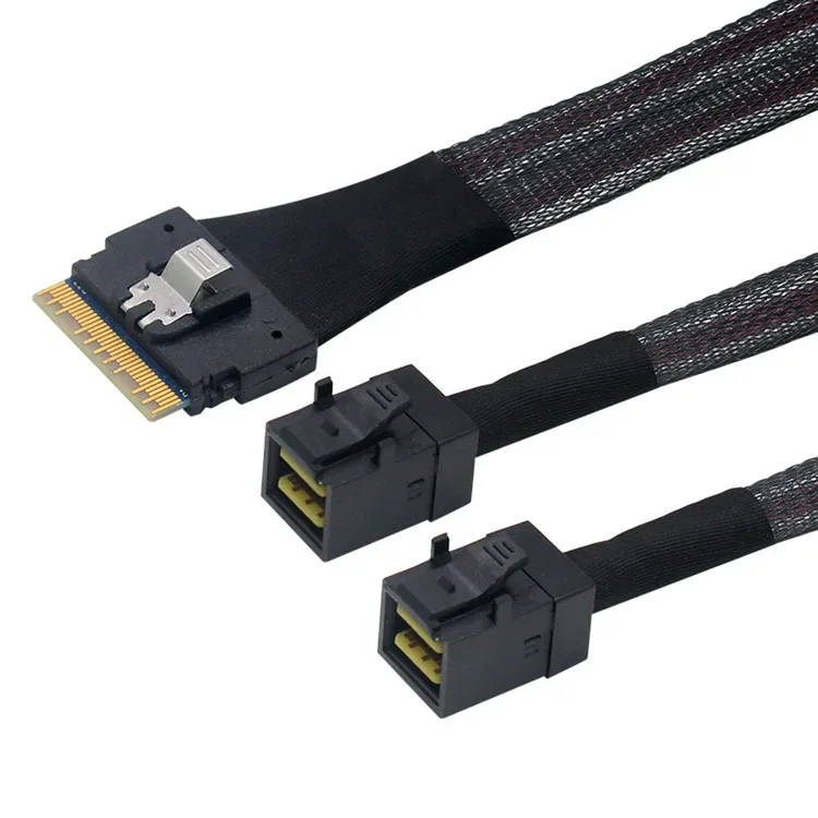 

PCI-Express SFF-8654 8i 74Pin PCI-E Ultraport Slimline SAS Slim 4.0 to Dual SFF-8643 4i Mini SAS HD Cable