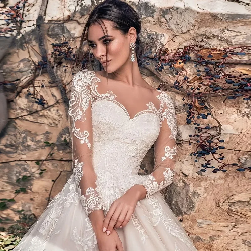 High-end Customzied Lace Sleeves Wedding Dress Appliques Bridal Gown Illusion Sweetheart Tulle A Line Vestidos De Novia