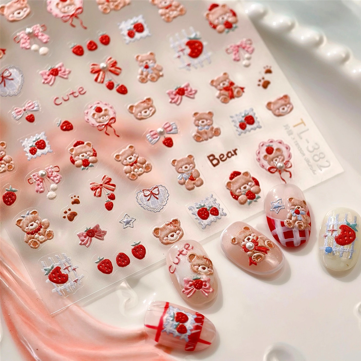

Cute Beart Strawberry Bowknot Bear Paw Print Star Lace Heart Pearl Gird Stamp Chic Nail Art Stickers Manicure Decals Wholesale