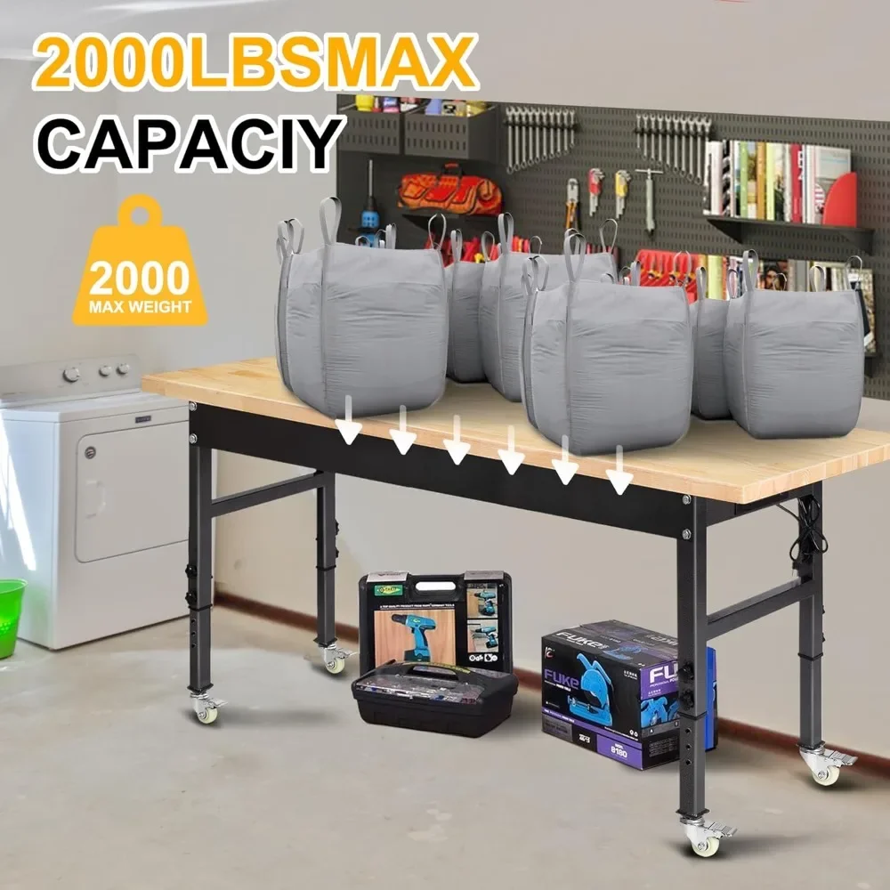 60 Inch Adjustable Workbench, Rubberwood Top Workbench, Heavy Duty Work Table with Power Outlet and Wheels