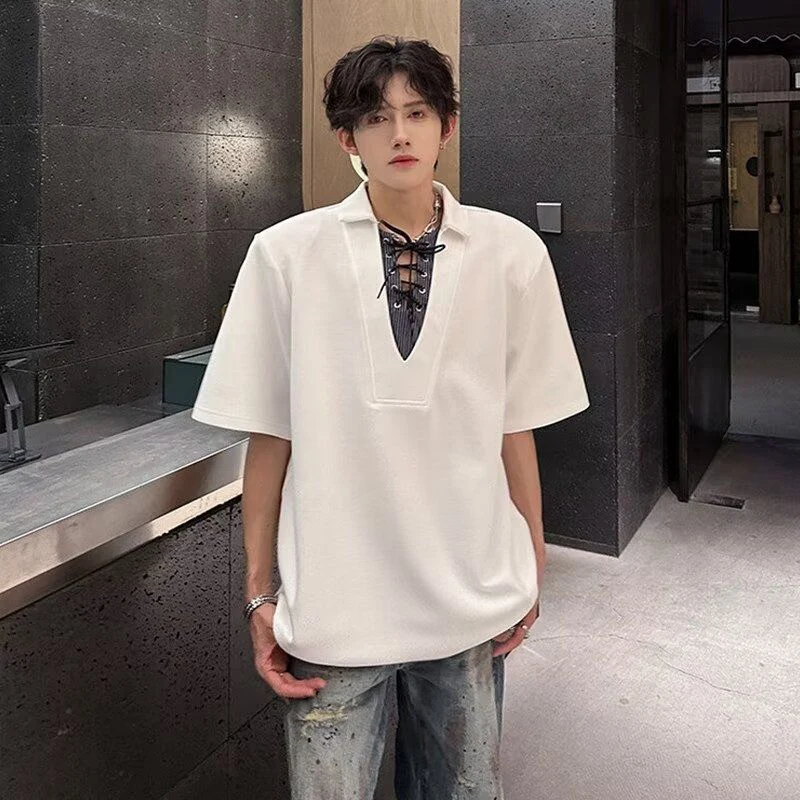 Men 2026 Trend Patchwork T-Shirt Retro Lace-Up V-Neck Polo Casual Loose Short Sleeve Summer Top Streetwear Fake Two-Piece Blouse