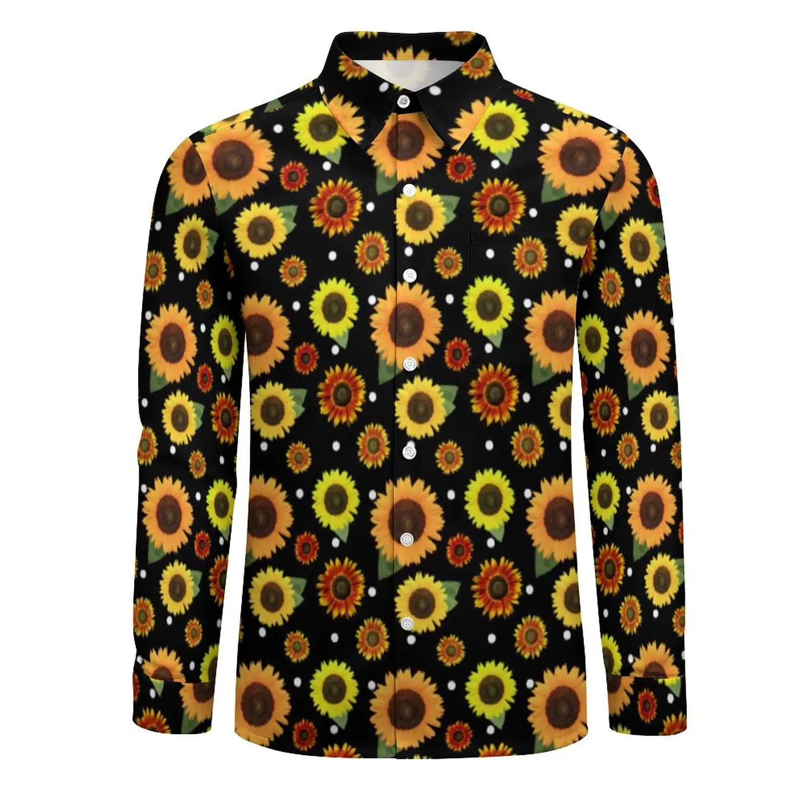 Sunflower Polka Dots Casual Shirt Mens Vintage Floral Print Streetwear Shirt Autumn Vintage Blouse Long Sleeve Design Clothing