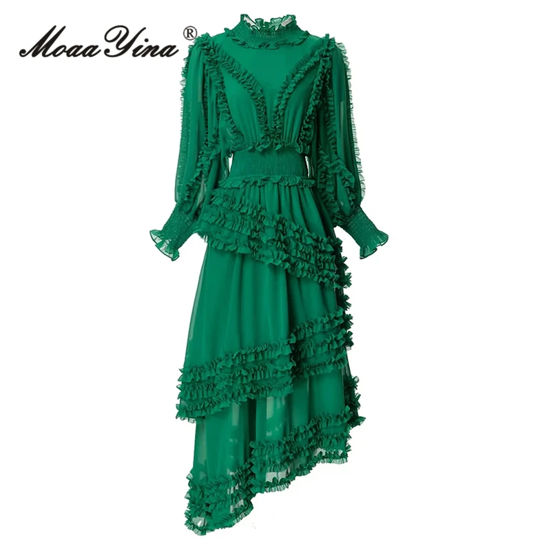 

MoaaYina Fashion Designer Summer Dress Women Party Lantern Sleeve Cascading Ruffle Elastic Waist Vintage Solid Color Midi Dress