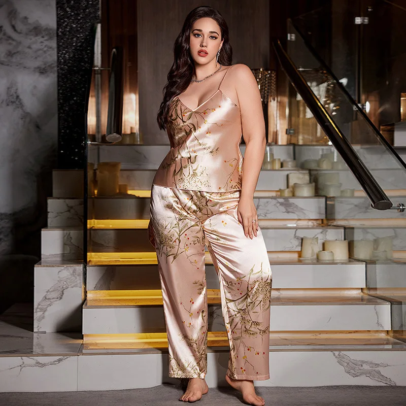 

New European and American Style Simulation Silk Sleepwear Set Fashion Print Women's Sexy Robe Plus Size Casual Home Wear