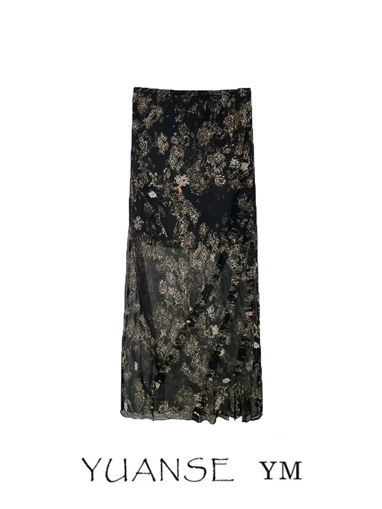 Yuanse High Waist Floral Print Black Skirt Women's Summer Slimming Fish Tail Skirt Elegant Artistic Style Midi Skirt