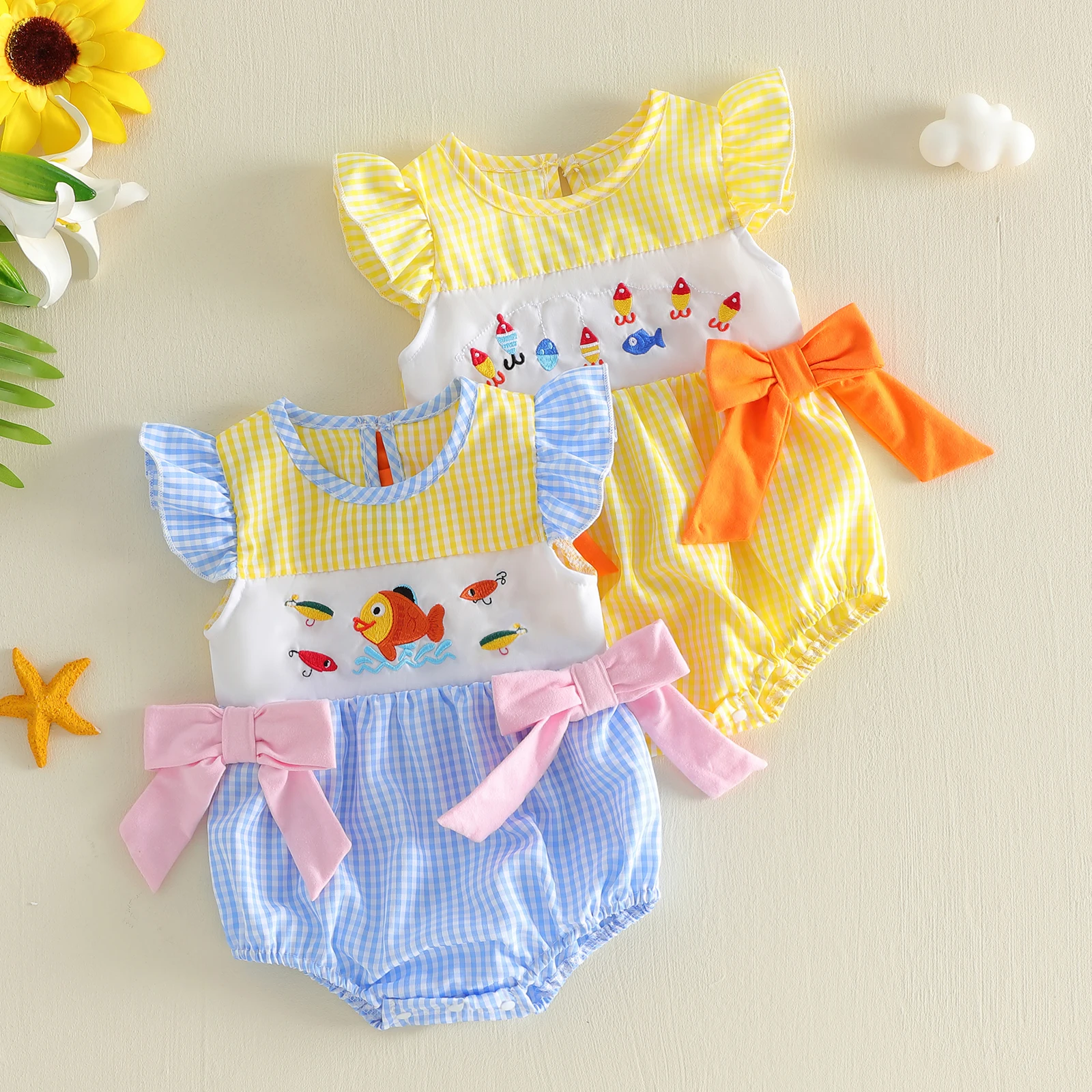 Baby Girl Plaid Bubble Romper with Bows Fish Embroidered Flying Sleeve Bodysuits Jumpsuit Cute Summer Baby Clothes
