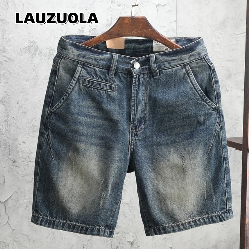 Men Vintage Faded Denim Shorts Worn Scratch Distressed Straight Leg Mid Waist Jean Shorts Summer Street Casual Short Trousers
