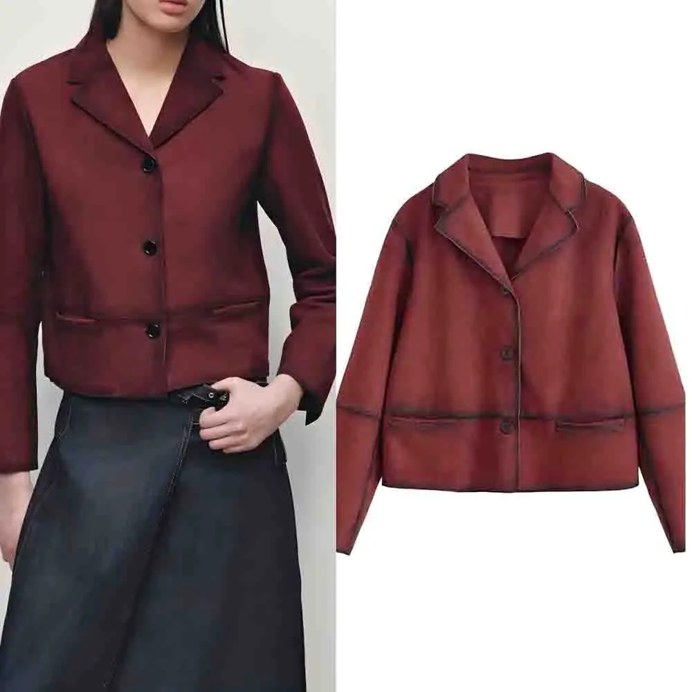 

Women's 2025 new fashion short suede imitation leather lapel jacket retro long sleeved Button-up women's jacket chic top