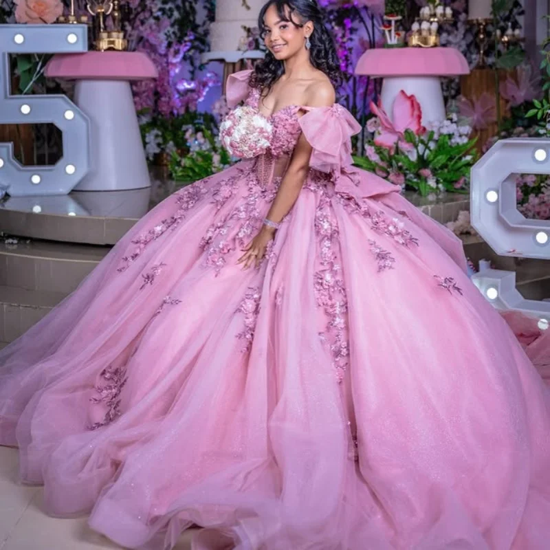 

Customized peach pink Quinceanera Dresses Off the Shoulder Tull crystal applique 3D flower Bow Vestido De 15 Quinceanera