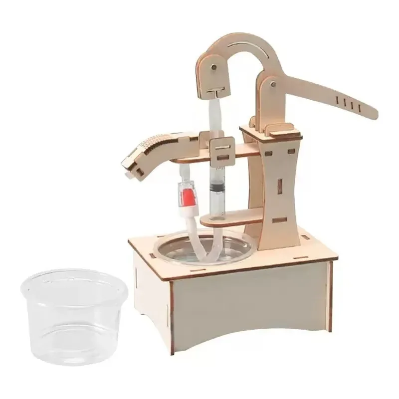 Wooden DIY Hand Pump Well Assembly Handcraft Model, Mechanical Physics Desktop Ornament, Vintage Water Pump Decor for Hobby Coll