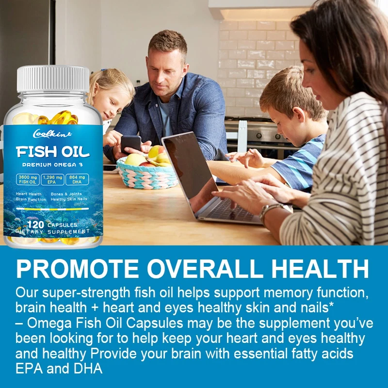 Omega-3 Fish Oil Capsules -rich in EPA, DHA - Support Brain & Cardiovascular & Skin Health, Antioxidant & Improve Memory