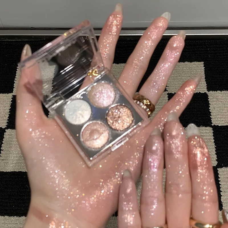 4-Color Baked Highlighter & Eyeshadow Palette - Intense Glitter Finish, Aurora Shimmer Tones, Multi-Shade for Eye & Face Makeup