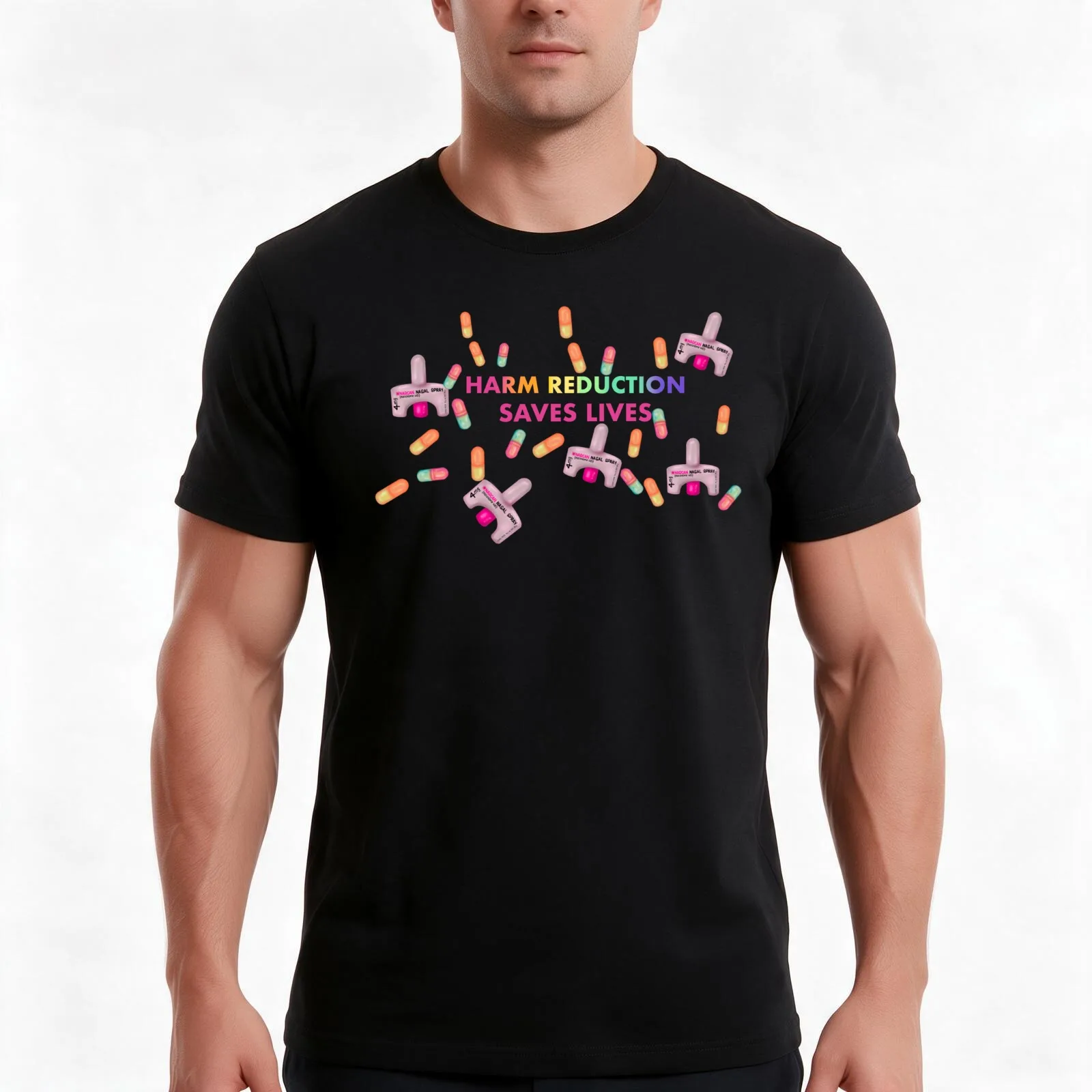 Harm Reduction Narcan Capsule Design T-Shirt, Summer Casual Cotton Tee, Oversized Streetwear Tops, Vintage Graphic Print
