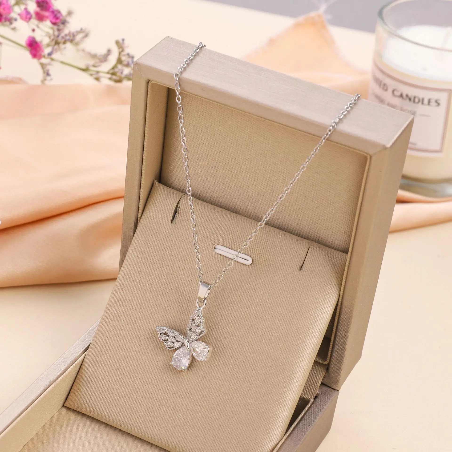 Phantom Butterfly Titanium Steel Necklace Women's Full Diamond Hollow out Butterfly Pendant Temperament Style Collar Chain