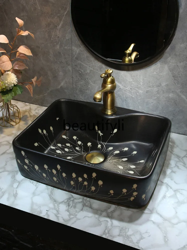 

ss American square faucet hole small table basin balcony ceramic retro art bathroom wash basin washbasin