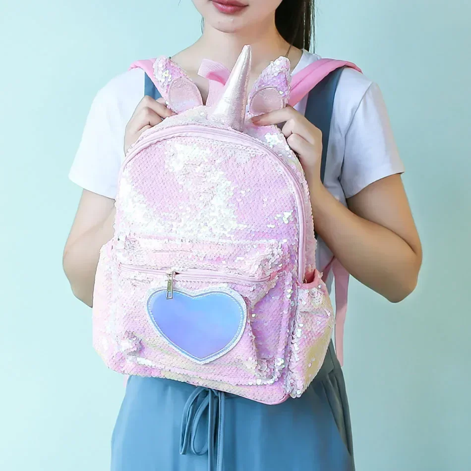 Sequins Unicorn Backpacks for Girls Boys Mermaid Heart Pattern Double Shoulders Back Pack Children Student Schoolbag Mochila