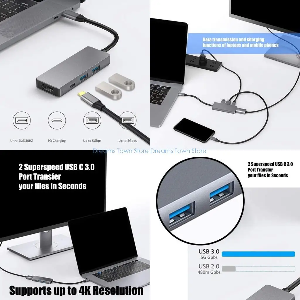 

HX6A Aluminum USB C Ноутбук Dopking Station USB Тип C до 4K HDTV Тип C 2XUSB3.0 Кабель быстрого зарядки порта для ноутбука ПК ПК