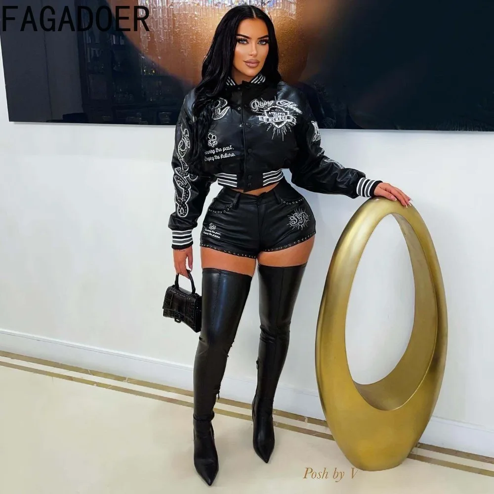 FAGADOER Fashion Leather Patchwork Bodycon Jacket for Woman Letter Embroidery Long Sleeves Crop Top Female Streetwear Clothing