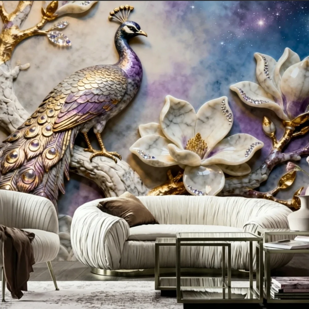 beibehang Customize the latest bedroom peacock three-dimensional relief art, modern and simple living room background wallpaper