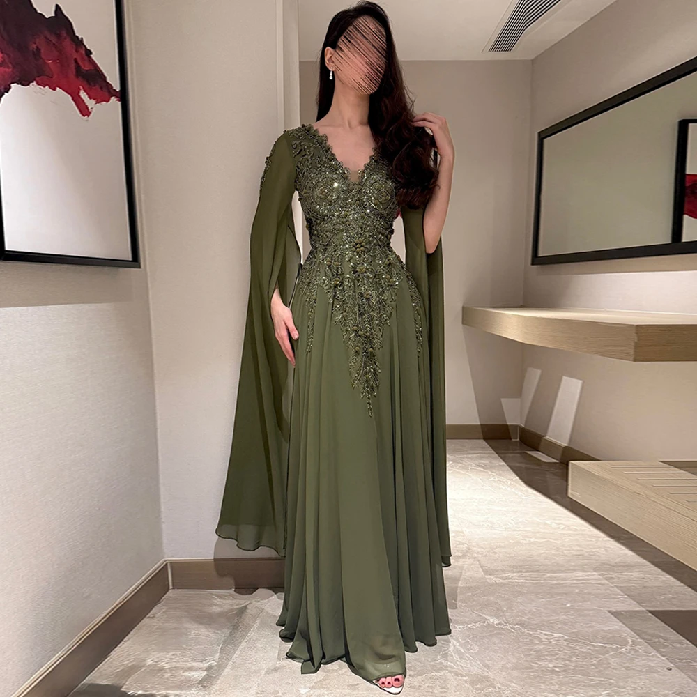 

Luxury Green Chiffon Evening Dress Temperament V-Neck Homecoming Dresses Fashion Sequined Appliques Customized Celebrity Gowns