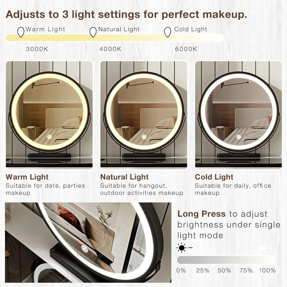 مكتب زينة صغير مع مرآة وأضواء | طاولة مكياج حديثة مع منضدة قابلة للتعديل و4 أدراج تخزين | أسود #5