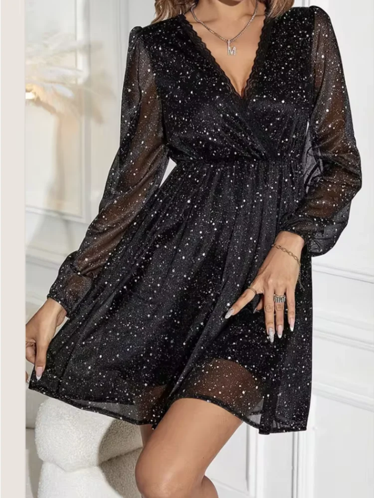 

Элегантное женское платье миди с глубоким V-образным вырезом, сетчатыми вставками, однотонное, с рукавом три четверти, 2026 Новинка