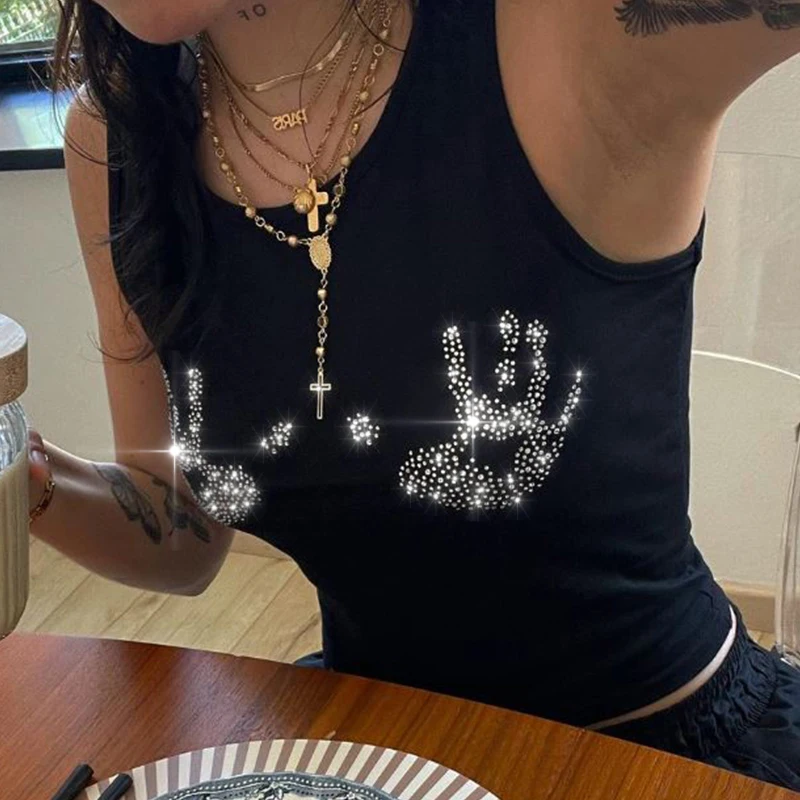 Y2K Rhinestone Hand Print Crop Top Women Summer Sleeveless Baby Tee Vintage Grunge Slim T-shirt 90s Aesthetic Gothic Tights Vest