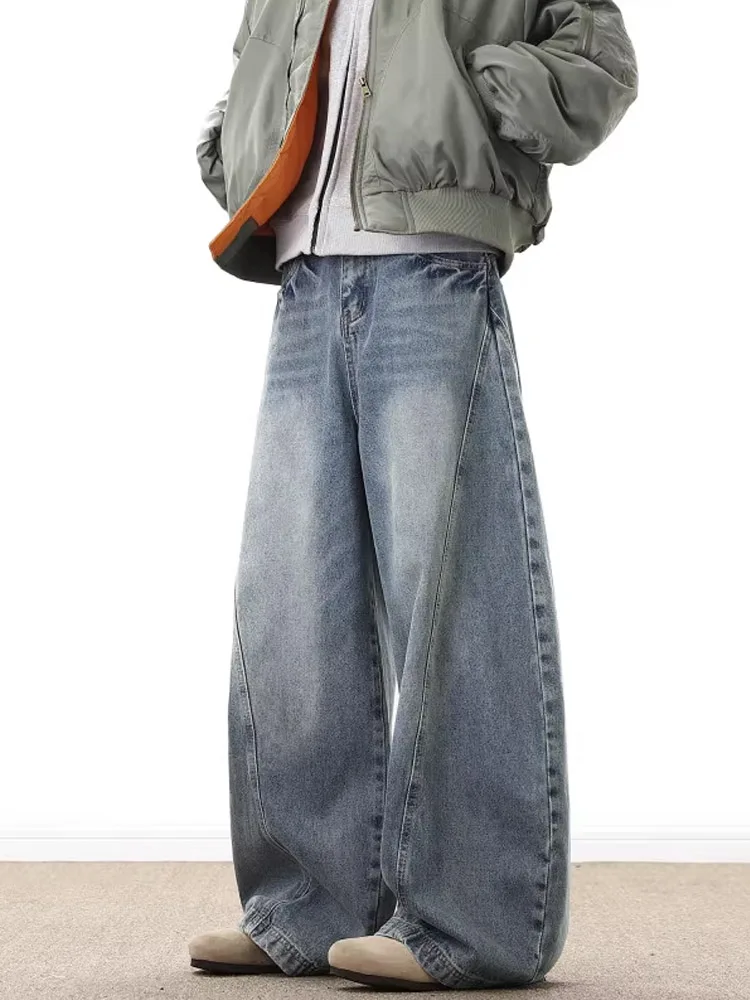 American Retro Wide Leg Men's Jeans Loose CleanFit Design Sensation Small Straight Tube Pants Cotton Polyester Blend
