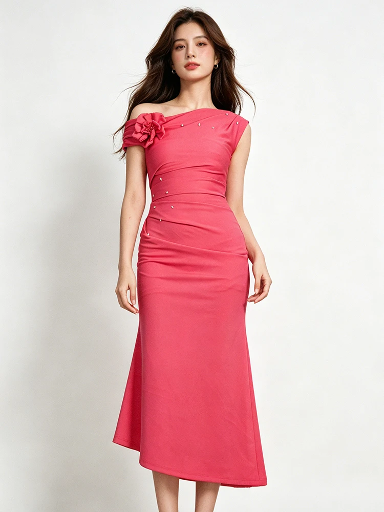 Women Sexy Off Shoulder Midi Evening Dress 3D Flower Asymmetrical Bodycon Fishtail Dresses Elegant Cocktail Party Vestidos Robe
