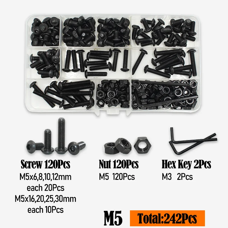 2510-teiliges Rundkopfschrauben-Set M2 M2.5 M3 M4 M5 M6 Schwarz 10.9 Güte Innensechskant-Kopfschrauben Bolzen Muttern Unterlegscheiben ISO7380